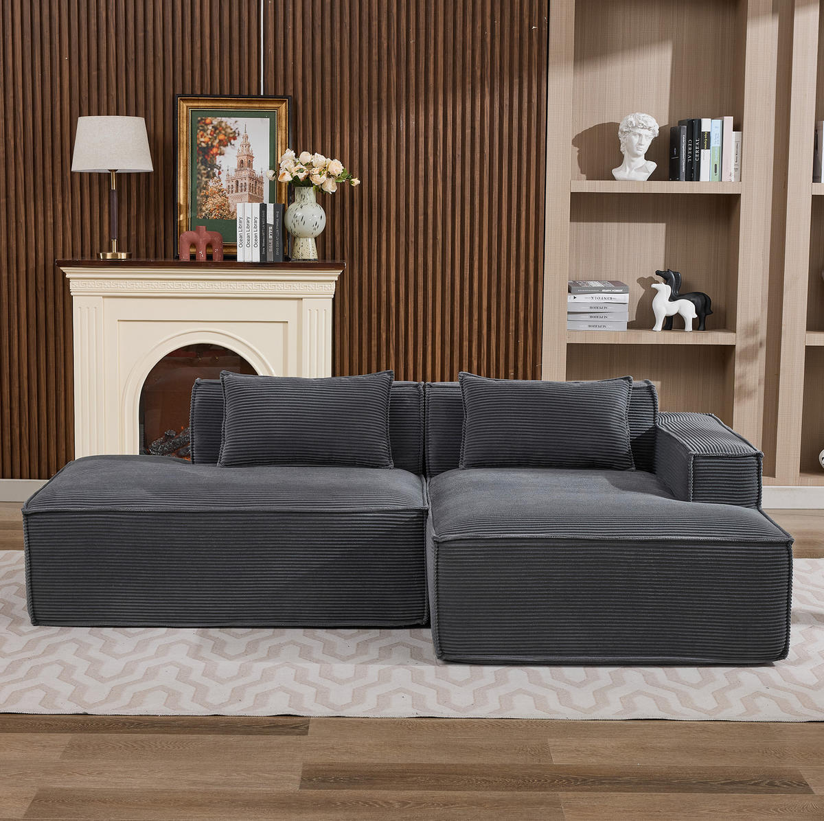 ECKSOFA aus Polyester 235 cm Grau mit Federkern und hochdichter Polsterung, kompakt und pflegeleicht - Grau, Textil (235/129cm) - Modfu