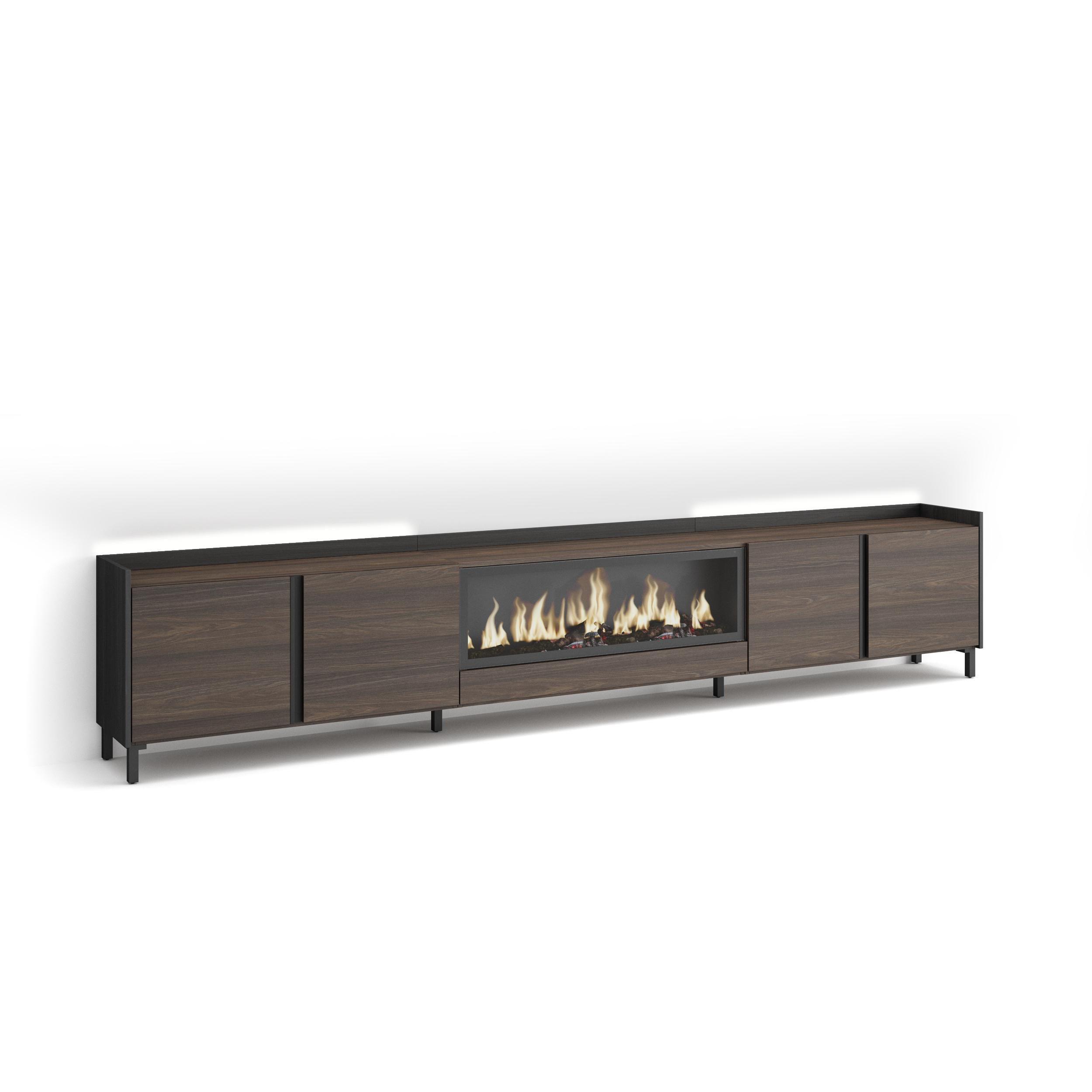 LOWBOARD, Eiche und Schwarz, 315/35/61cm, Kamin mit Feuereffekt XXL - Dunkelbraun, Holzwerkstoff (315/61/35cm) - Skraut Home