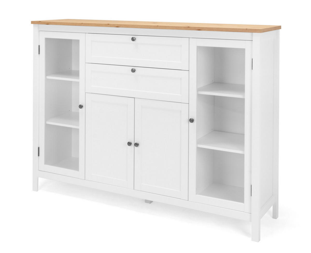HIGHBOARD weiß, Artisan Eiche Landhaus, 160 cm, Kommode mit 8 Fächern - Silberfarben/Weiß, Holzwerkstoff/Metall (160/120/40cm) - Furn.Design