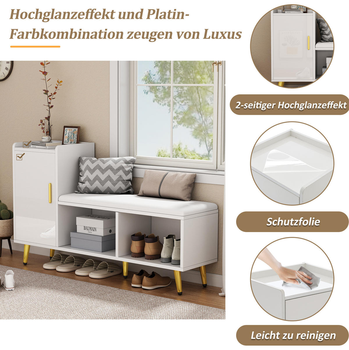 SCHUHSCHRANK 120/35/71,5 cm weiß aus Spanplatte mit Sitzbank - Weiß, Holzwerkstoff (120/71.5/35cm) - OKWISH