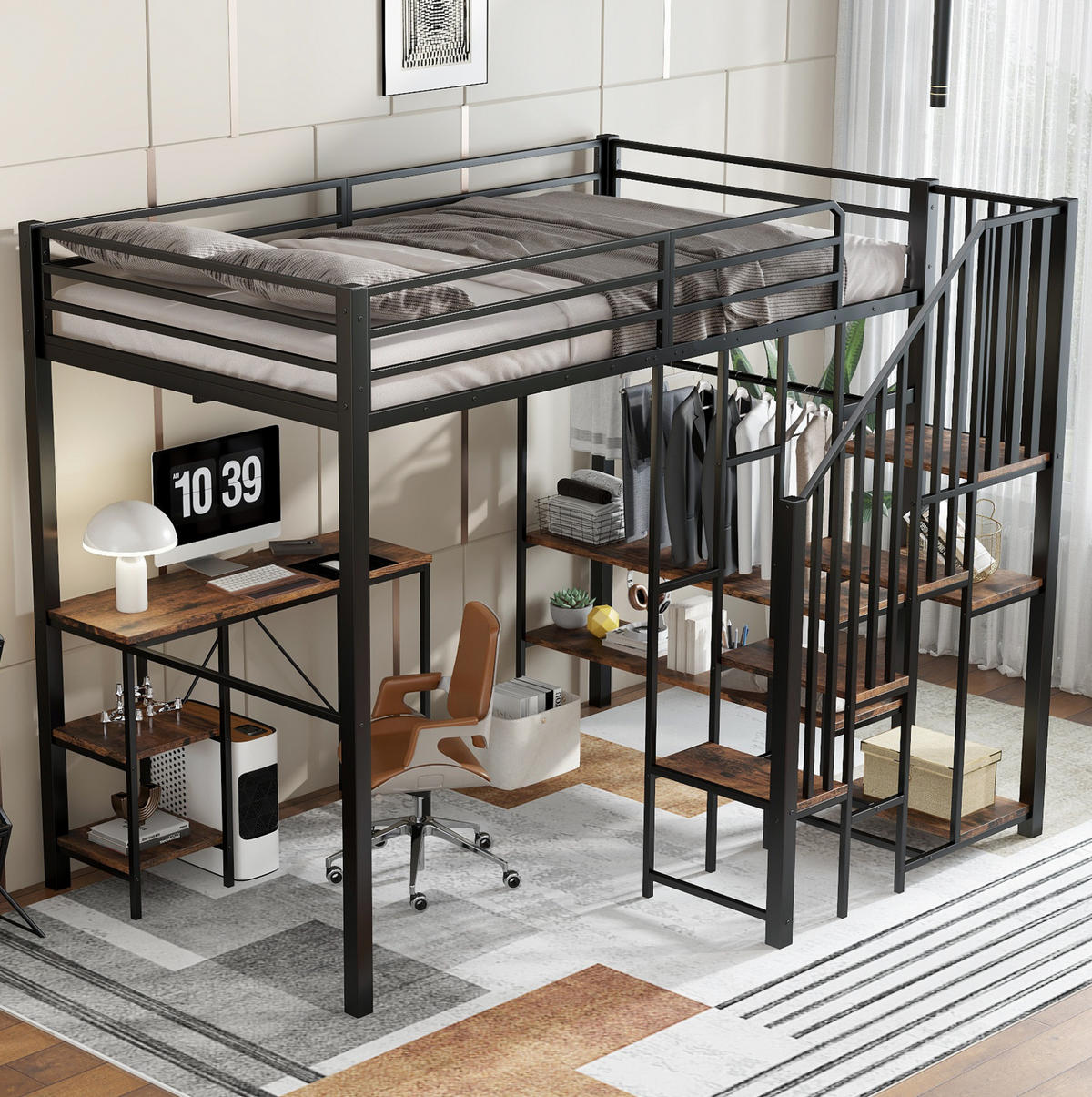 POSCHODOVÁ posteľ 120/200 cm čierna s písacím stolom a otvoreným šatníkom z kovu a MDF - čierna, kompozitné drevo (120/200cm) - OKWISH