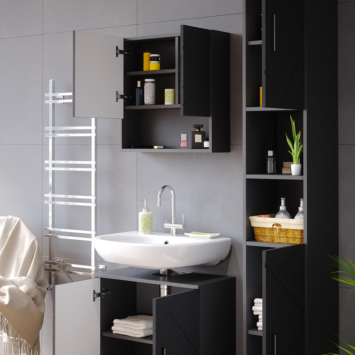 BADMÖBEL-SET Irma Anthrazit Hochglanz 3 Teile, mit Hochschrank - Anthrazit, Holzwerkstoff (80/58.6/41cm) - Vicco