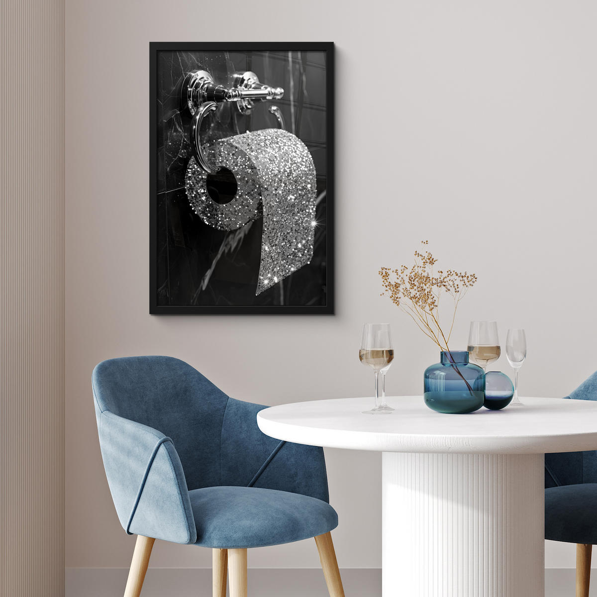GERAHMTES BILD WC - Toilettenpapier - Schwarz und weiß - Glitter 40x60 cm - Silberfarben, Papier (40/60cm) - MuchoWow