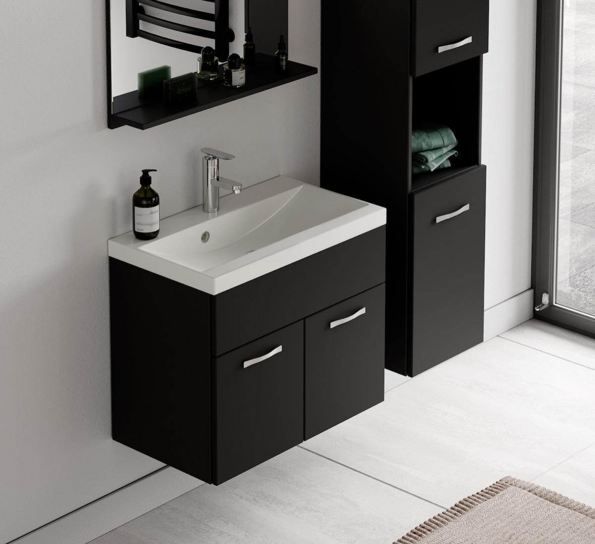 BADMÖBEL-SET Montreal 4 Teile Schwarz Matt - 60 x 35 x 51 cm - Chromfarben/Schwarz, Holz/Metall (60/51/35cm) - Badplaats