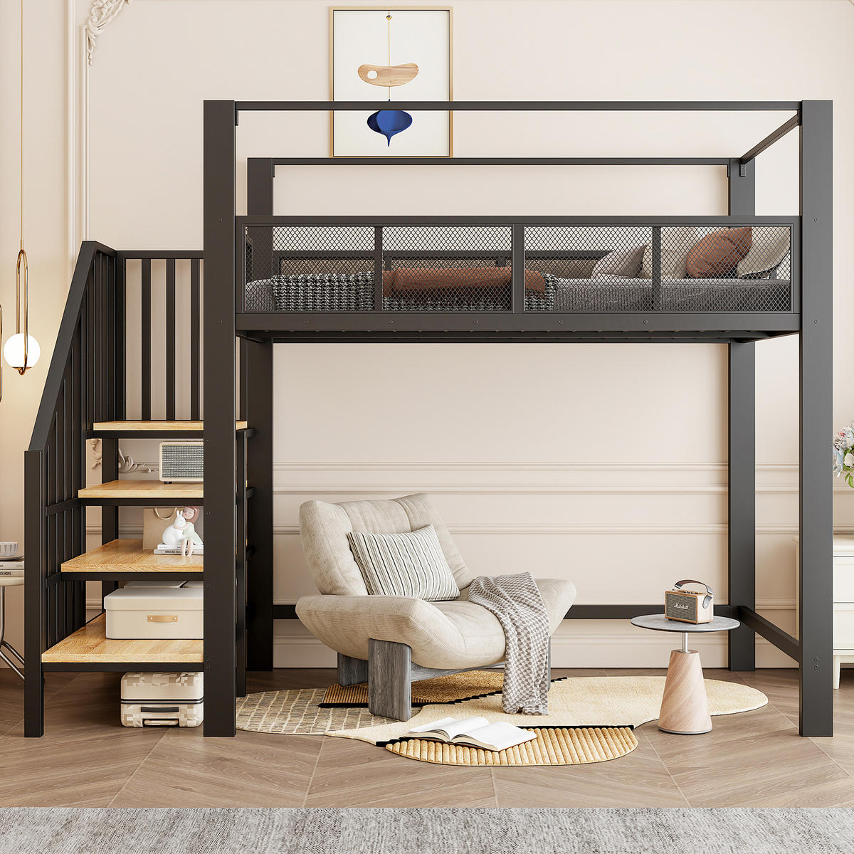 HOCHBETT 90/200 cm DE-32603 mit Baldachin und Sicherheitstreppe Schwarz - Schwarz, Metall (90/200cm) - ComfortXL