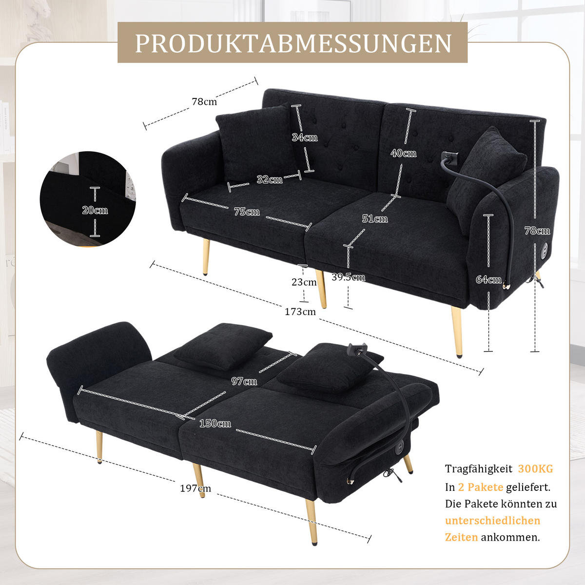 SCHLAFSOFA 2-Sitzer Chenille mit 3-fach verstellbarer Rückenlehne und USB-Anschluss Schwarz 173/78/78 cm - Schwarz, Textil (78/78/173cm)