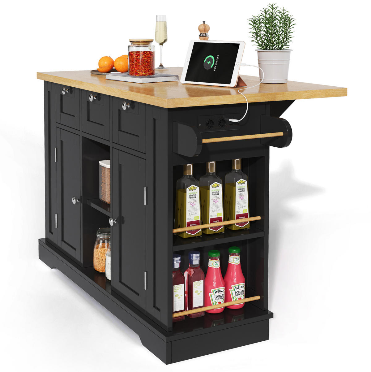 KÜCHENINSEL 132/40(70)/87 cm mit ausziehbarer Arbeitsplatte, Stauraum, Steckdose, USB und Rollen aus MDF, Natur/Schwarz - Schwarz, Holzwerkstoff (132/87/70cm) - Redom