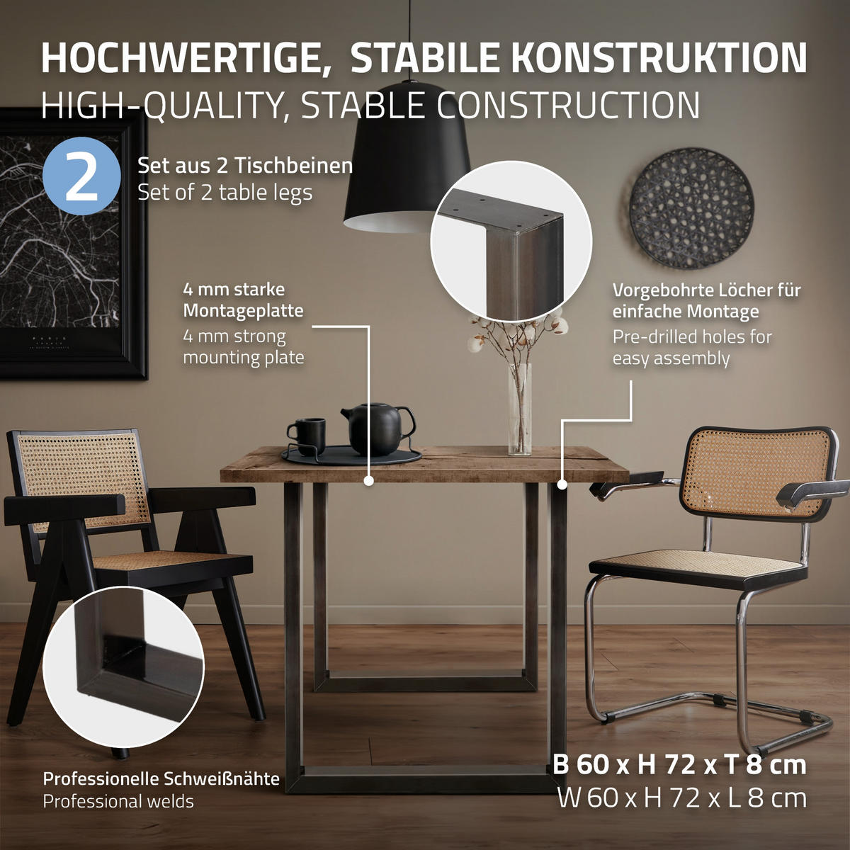 TISCHBEINE 2er Set 60 x 72 cm Dunkelgrau - Graubraun, Metall (60/8/72cm) - ECD-Germany