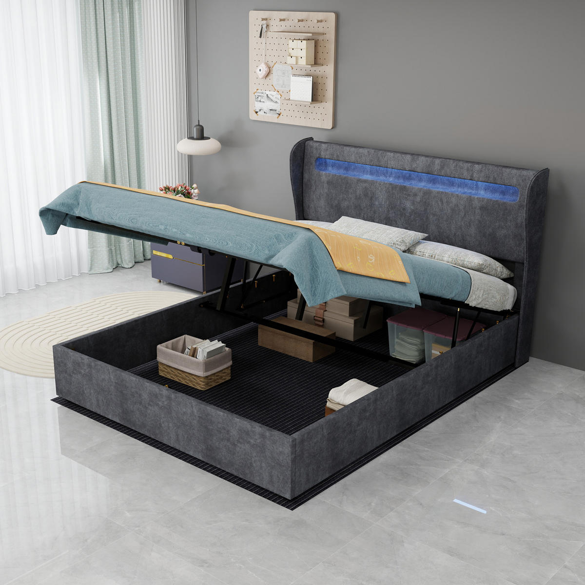 POLSTERBETT 140/200 cm in Grau mit LED Stoff Modernes Design - Grau, Holzwerkstoff/Textil (140/200cm) - STILVORA