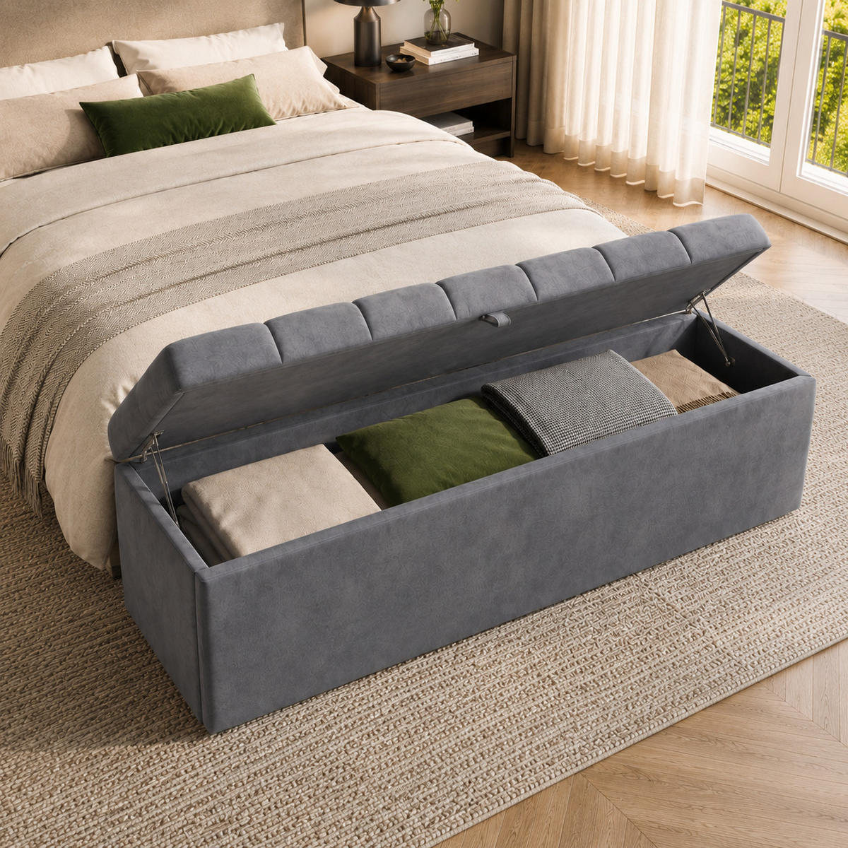 POLSTERBANK 138x41x42 cm Grau Samt mit Stauraum - Grau, Textil - FLIEKS