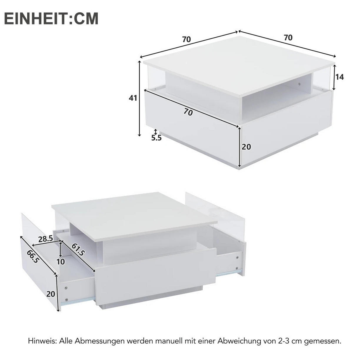 COUCHTISCH LED Hochglanz 70/70/41 cm 2 Schubladen Weiß - Weiß, Holz (70/70/41cm) - Kaket