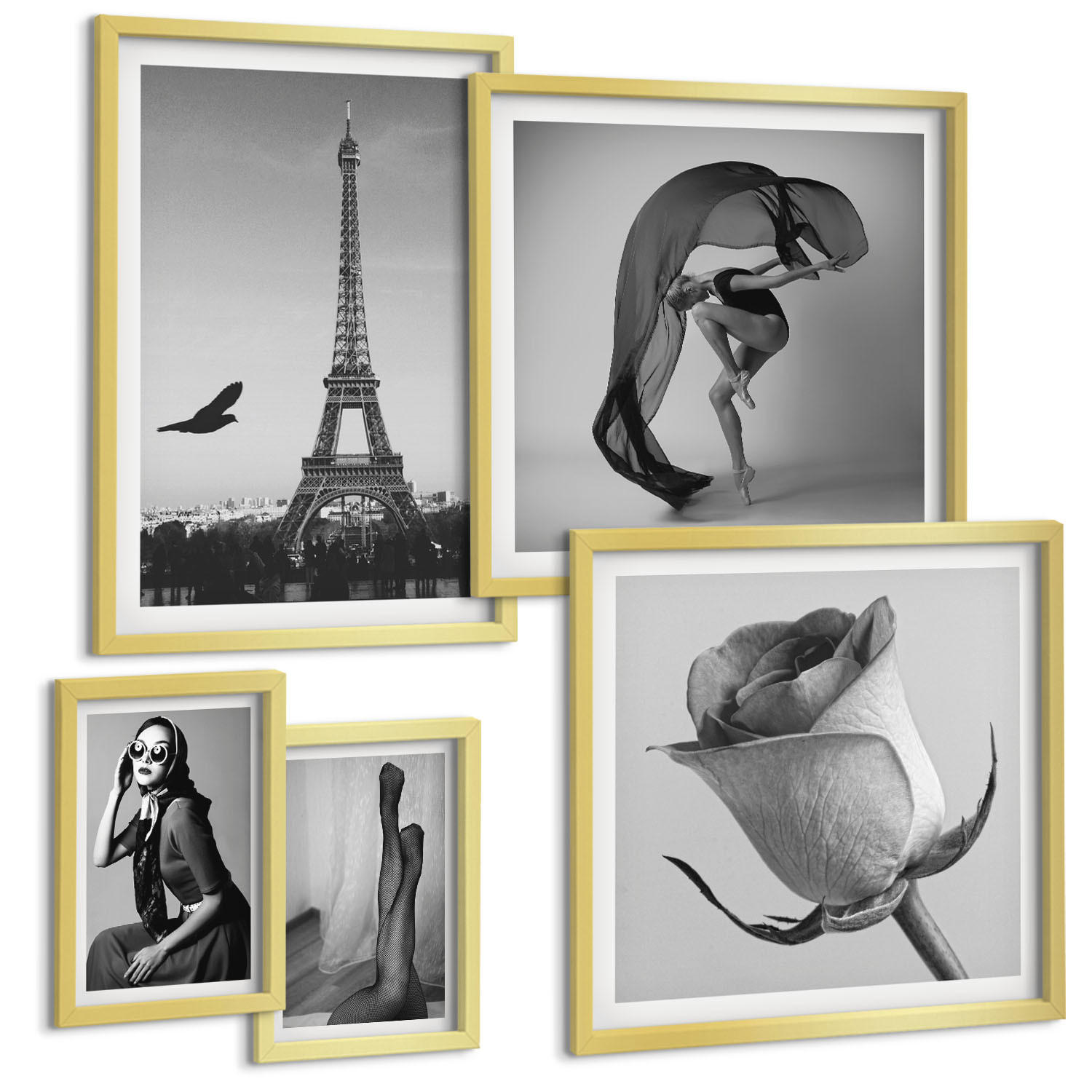 BILDER SET 5er Set - 50x50 cm & 20x30 cm & 40x60 cm Goldrahmen - Stilvolle Porträts eleganter Frauen - Goldfarben, Kunststoff (40/60cm) - TULUP