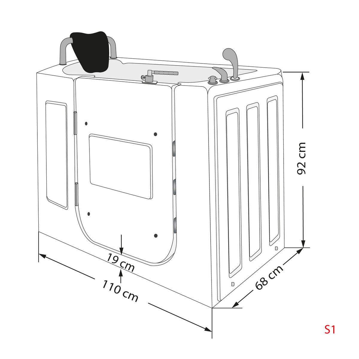SITZBADEWANNE Senioren Wanne mit Tür S08-B-L 110x68cm - Weiß, Glas/Kunststoff (68/114/110cm) - AcquaVapore by Sandra Jentho