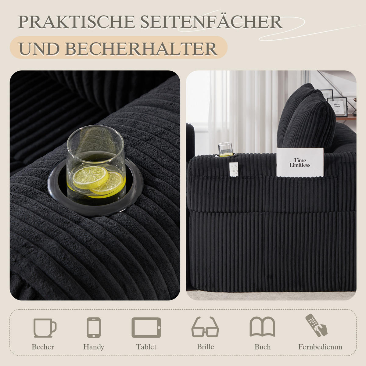 2-SITZER Sofa Schwarz, Relaxsessel Cordbezug mit Getränkehalter und Stauraum - Schwarz, Textil (158/61/93cm) - PARAFTA HOME