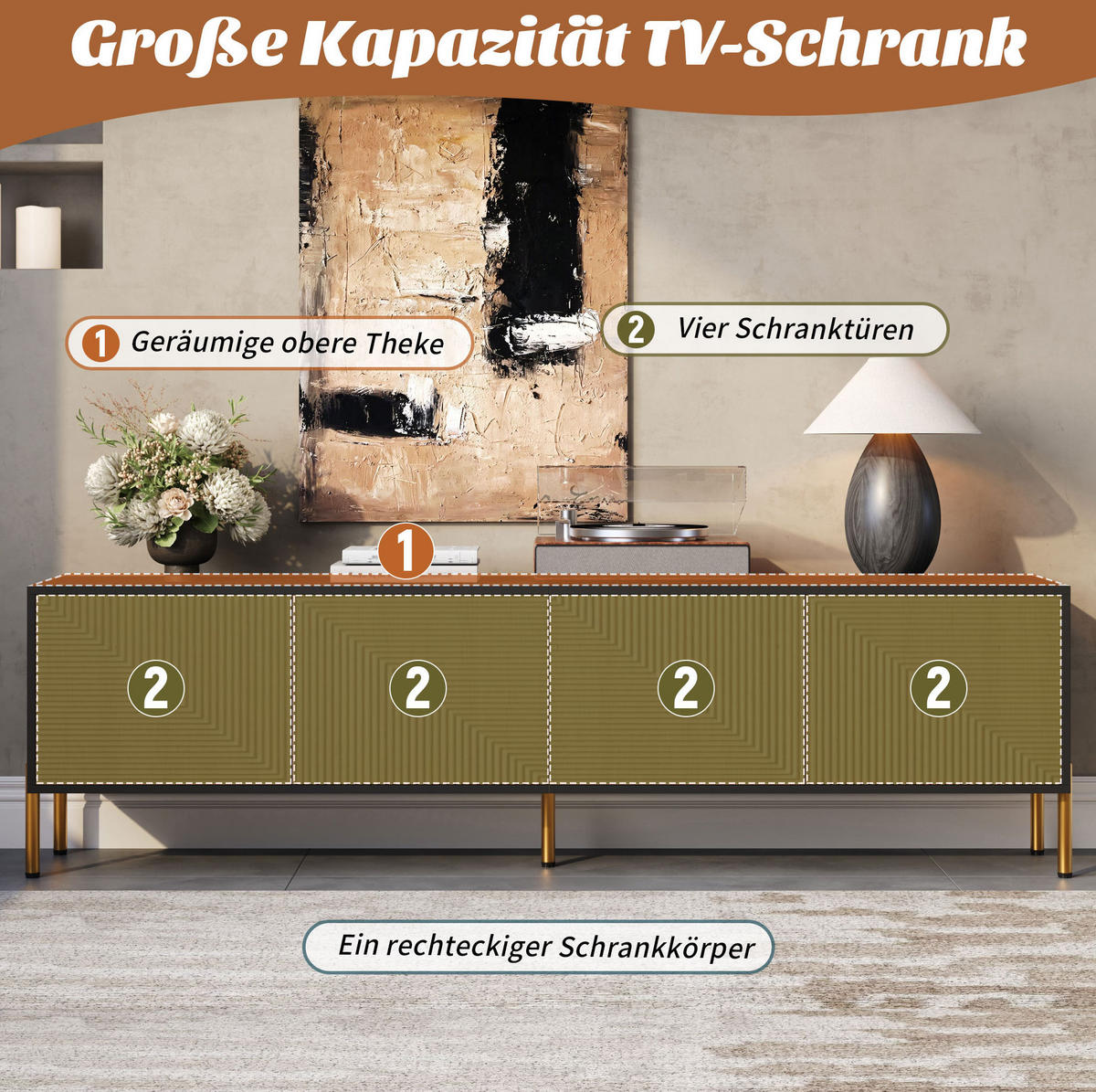 TV stolek 179/35/53,5 cm s uzavřeným úložným prostorem a zlatými kovovými nohami, Černá / Přírodní - světle hnědá, kompozitní dřevo (179/53.5/35cm) - Redom
