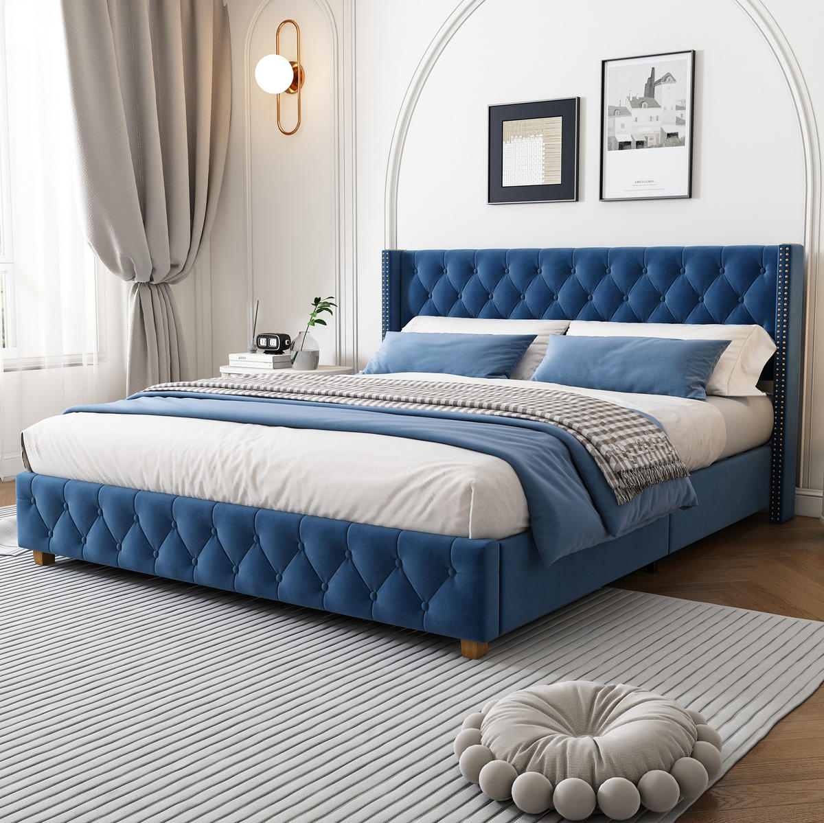 BETT mit Lattenrost 160x200 cm Samt Blau - Blau, Metall (160/200cm) - Beauniv