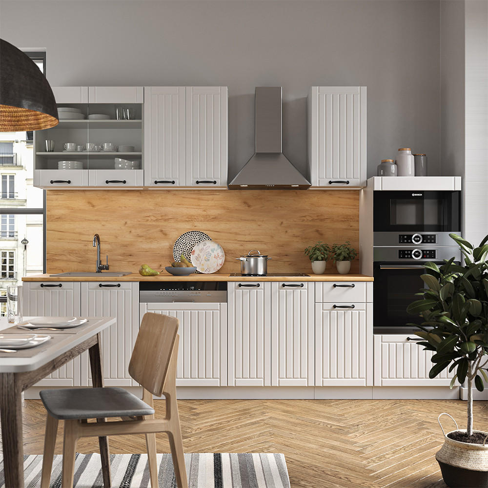 KÜCHENZEILE Fame-Line Weiß Landhaus/Weiß 300 cm mit Hochschrank AP Anthrazit - Creme/Weiß, Holzwerkstoff (300/81.6/60cm) - Vicco