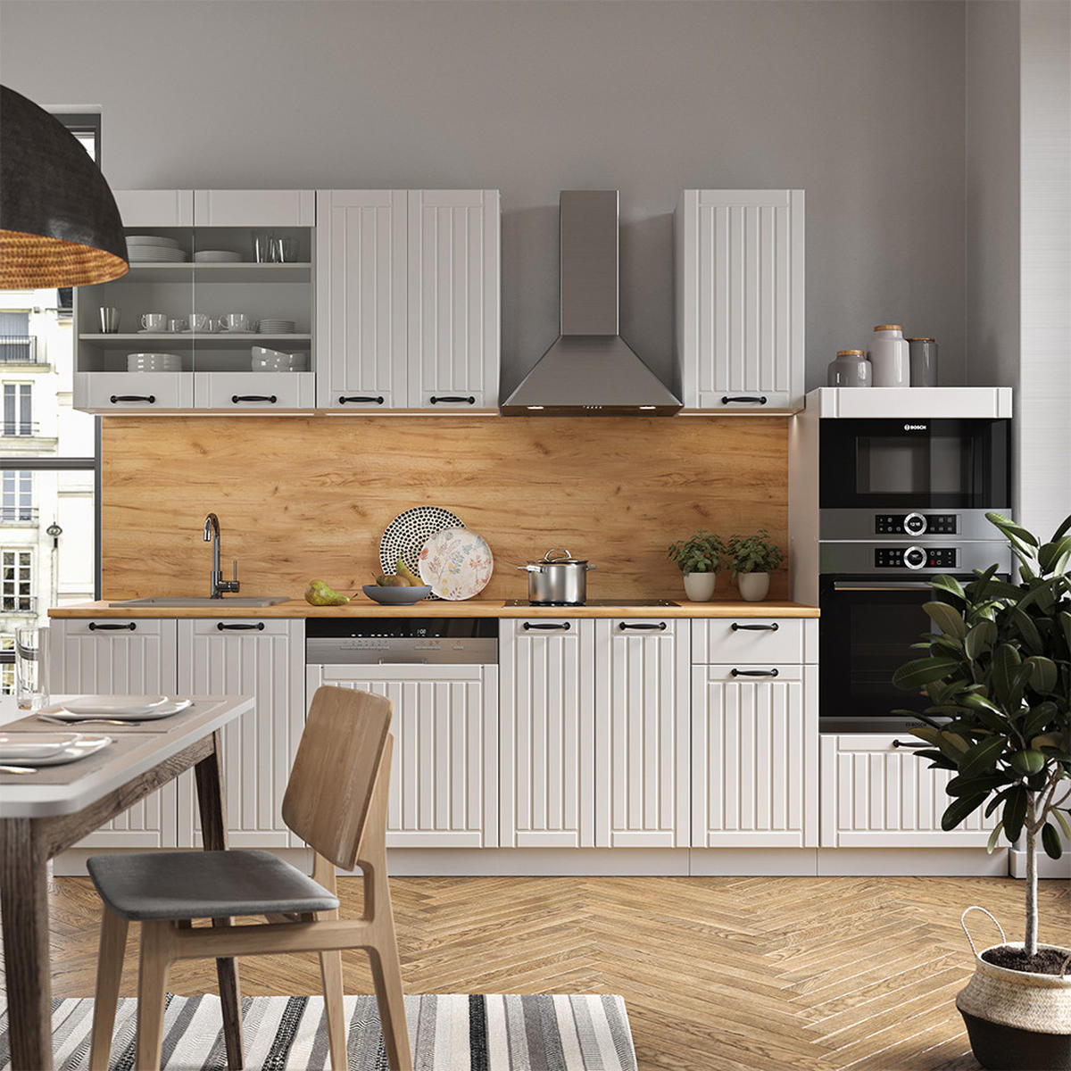 KÜCHENZEILE Fame-Line Weiß Landhaus/Weiß 300 cm mit Hochschrank AP Anthrazit - Creme/Weiß, Holzwerkstoff (300/81.6/60cm) - Vicco