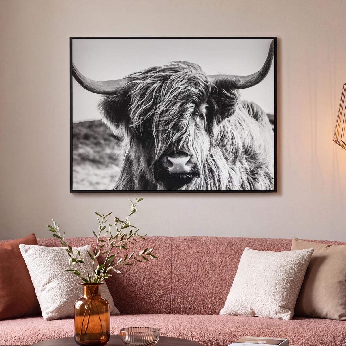 LEINWAND Bilder mit Rahmen - Kuh - Schottischer Hochländer - Schwarz - Weiß - Tier - Natur - Wildtiere - 100x70 - Schwarz, Textil (100/70cm) - MuchoWow