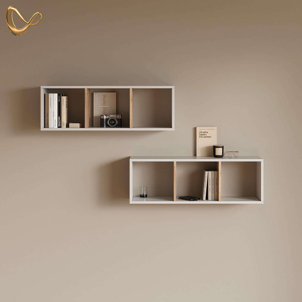 WANDREGAL Lorena Weiß/Goldkraft Eiche 90 x 30 cm 2er Set - Weiß, Holzwerkstoff (90/30/22cm) - Livinity®