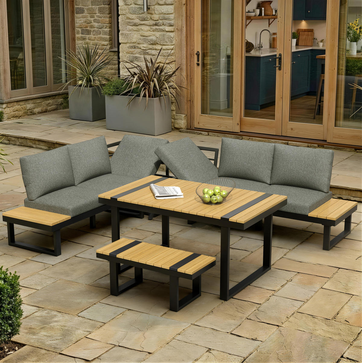 GARTEN-ESSGRUPPE mit verstellbarer Neigefunktion, 6-Sitzer Ecklounge im Industrial-Stil, Schwarz/Grau - Grau, Metall - Redom