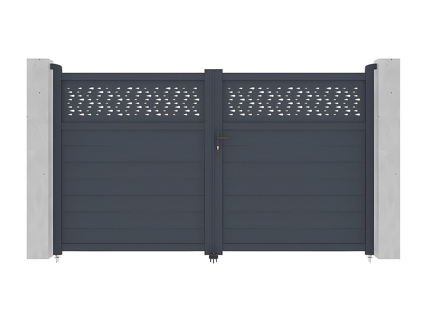 GARTENTOR Flügeltor - 305 x 181 cm - Aluminium - Halbvoll mit Muster - Anthrazit - BAZIO - Anthrazit, Metall (300/176cm) - Vente-Unique