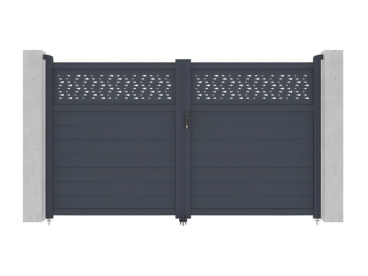 GARTENTOR Flügeltor - 305 x 181 cm - Aluminium - Halbvoll mit Muster - Anthrazit - BAZIO - Anthrazit, Metall (300/176cm) - Vente-Unique