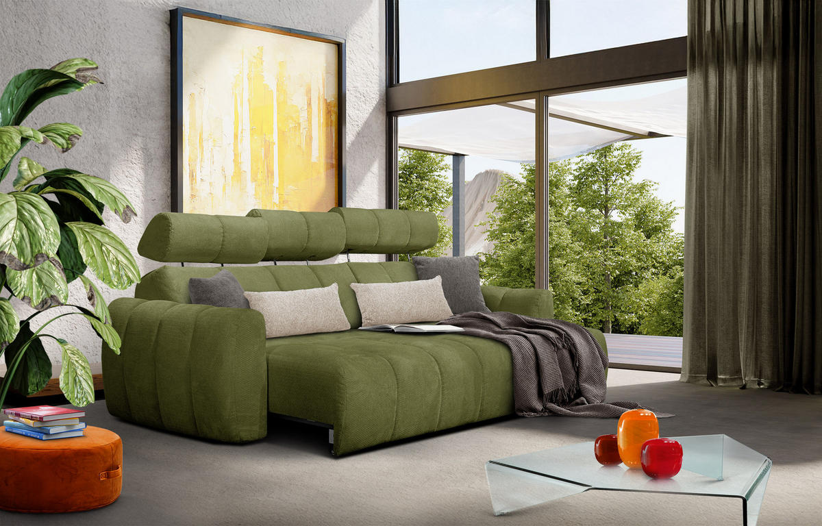 ECKSOFA KIMI 3-Sitzer, ausziehbarer Sitz, verstellbare Kopfstützen, olivgrün - Schwarz/Olivgrün, Holzwerkstoff/Textil (270/160cm) - Courtois Laville