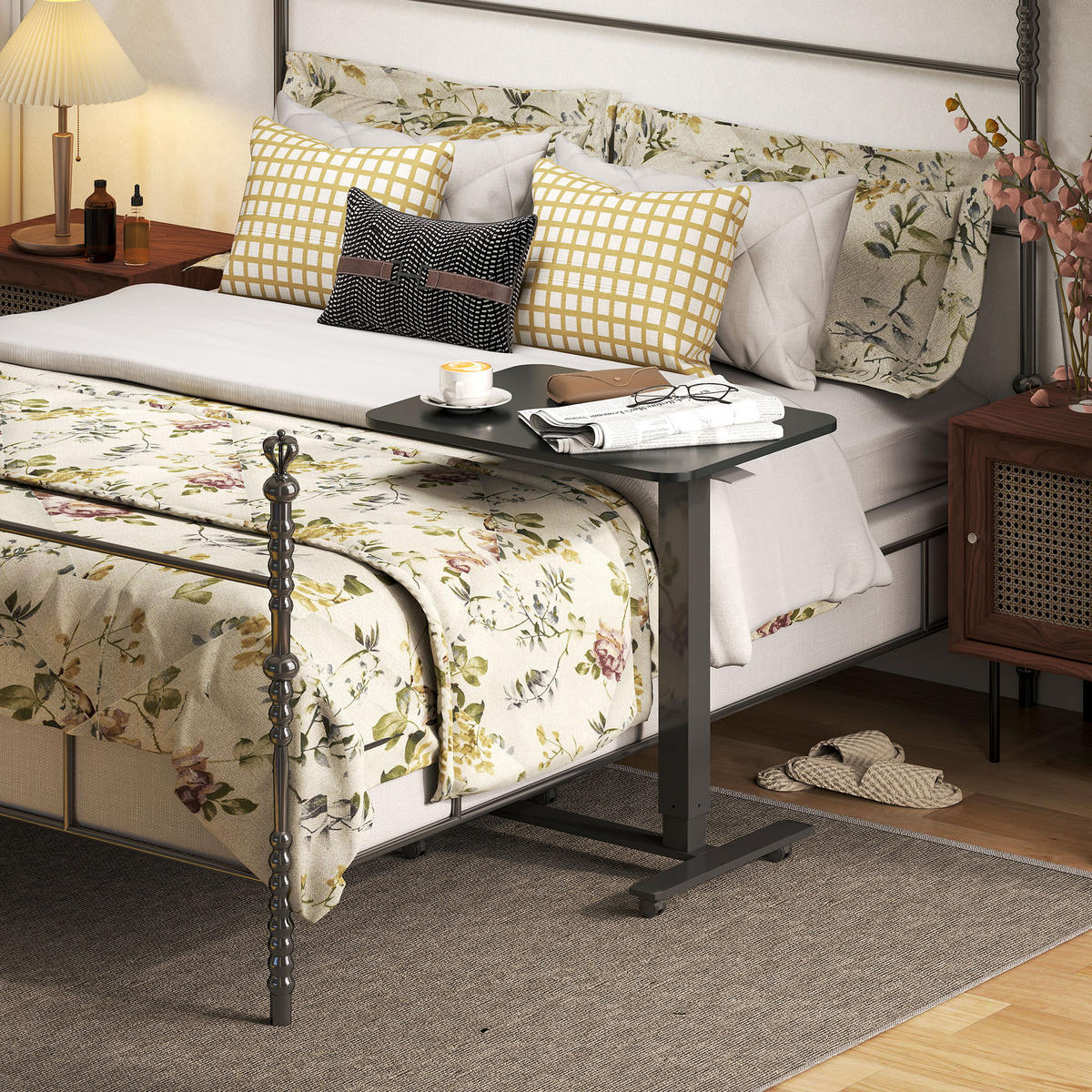 STEHPULT Höhenverstellbar C-förmig Schreibtisch mit 4 Rollen 65x48x70-110cm - Schwarz, Holzwerkstoff/Metall (65/48/110cm) - HOMCOM