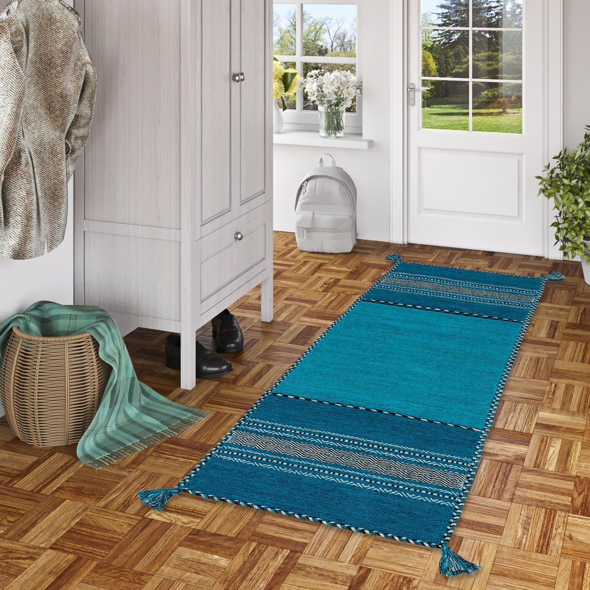 LÄUFER NATUR TEPPICH KELIM NAVARRO - Türkis, Textil (70/140cm) - Pergamon