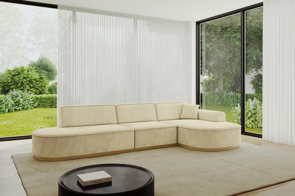 ECKSOFA Ottomane Rechts MARI-L2-v2 - 328x171x83 cm Beige Velours - Beige, Holzwerkstoff/Textil (171/328cm) - ALTDECOR