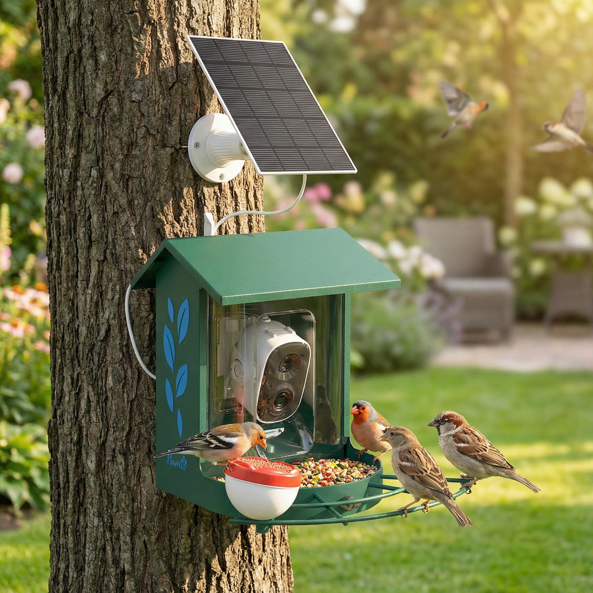 VOGELFUTTERSTATION DE-17848 mit 2K Kamera & Solar Grün - Dunkelgrün, Metall (34.5/26.3/30cm) - ComfortXL