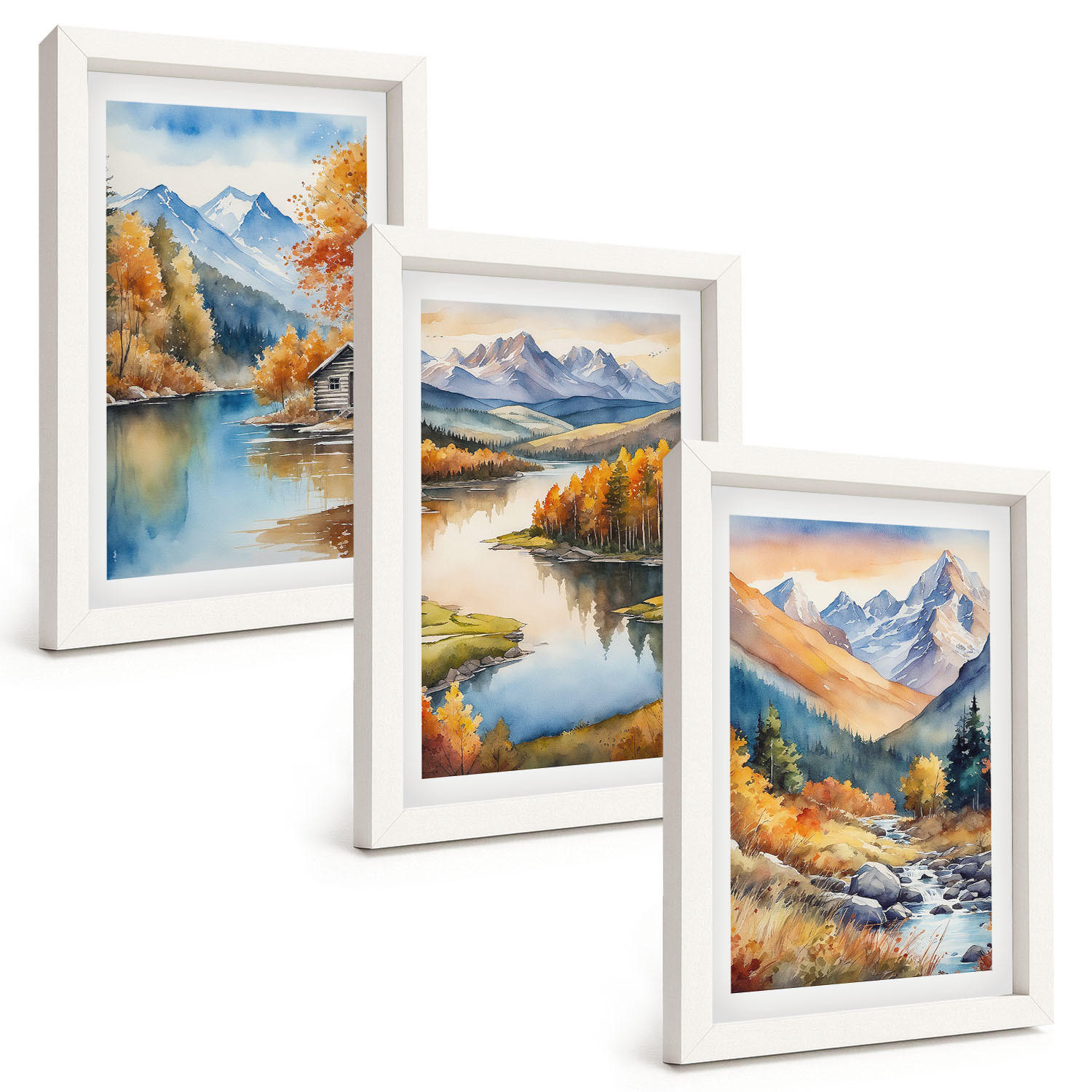 BILDER SET 3er Set - 20x30 cm Weißer Rahmen - Gebirgsflüsse, Herbstbäume - Weiß, Kunststoff (20/30cm) - TULUP