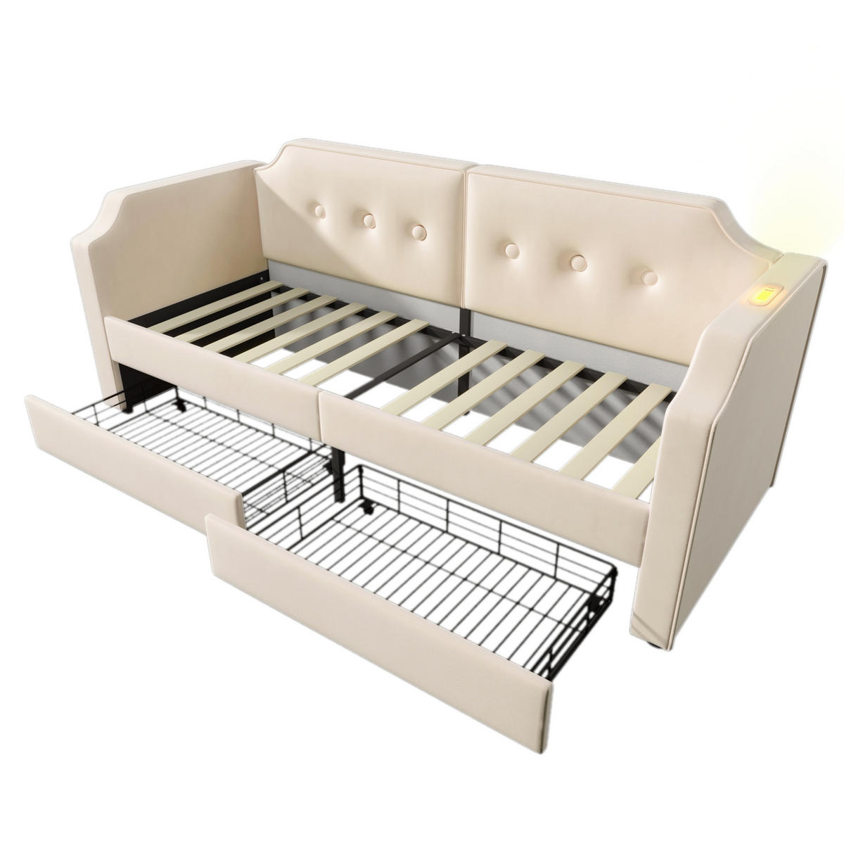 POLSTERBETT aus Samt 90x200 cm Beige mit 2 Schubladen, Leselampe und USB-Type-C-Anschluss - Beige, Textil (90/200cm) - IVMEU
