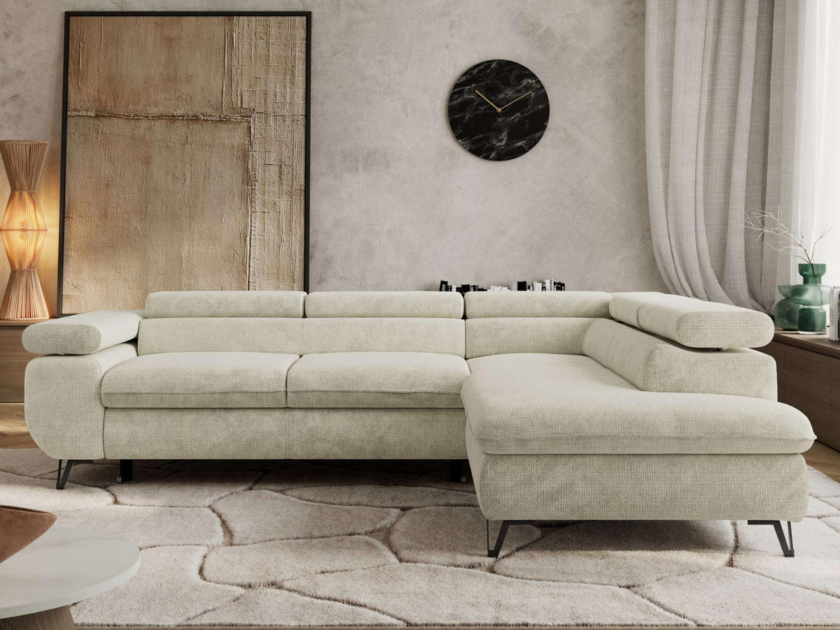 ECKSOFA PABLO L Creme Schenille grob gewebt - Rechts Seite mit T25 Topper - Creme/Schwarz, Textil/Metall (273/208cm) - MKS