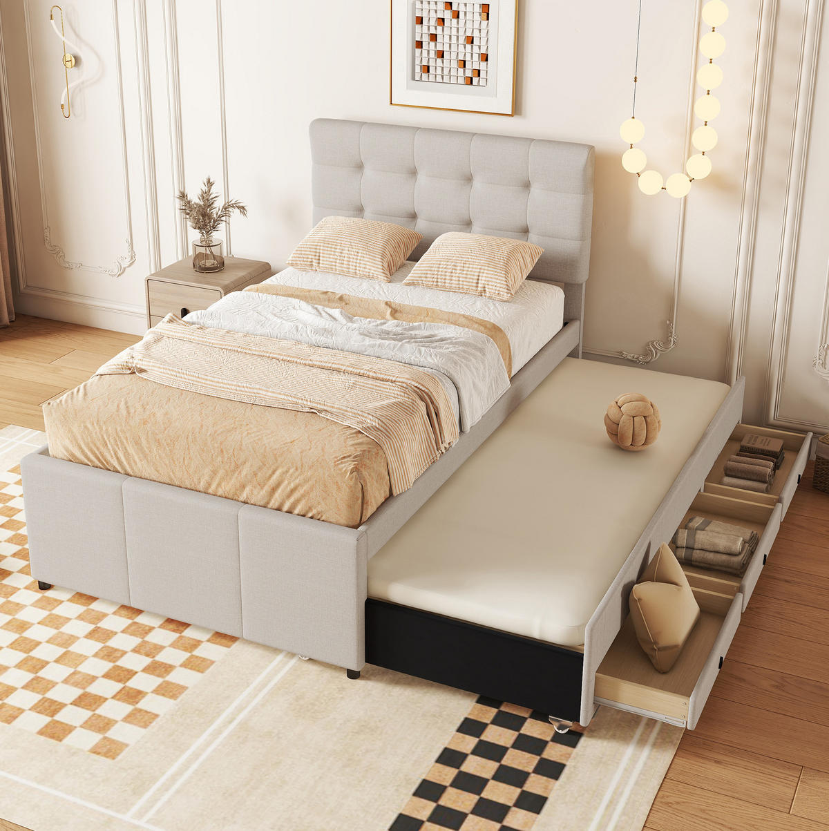 BETT mit Ausziehbett und 3 Schubladen 90x200 cm Leinen Beige - Beige, Holz (90/200cm) - Meubliv