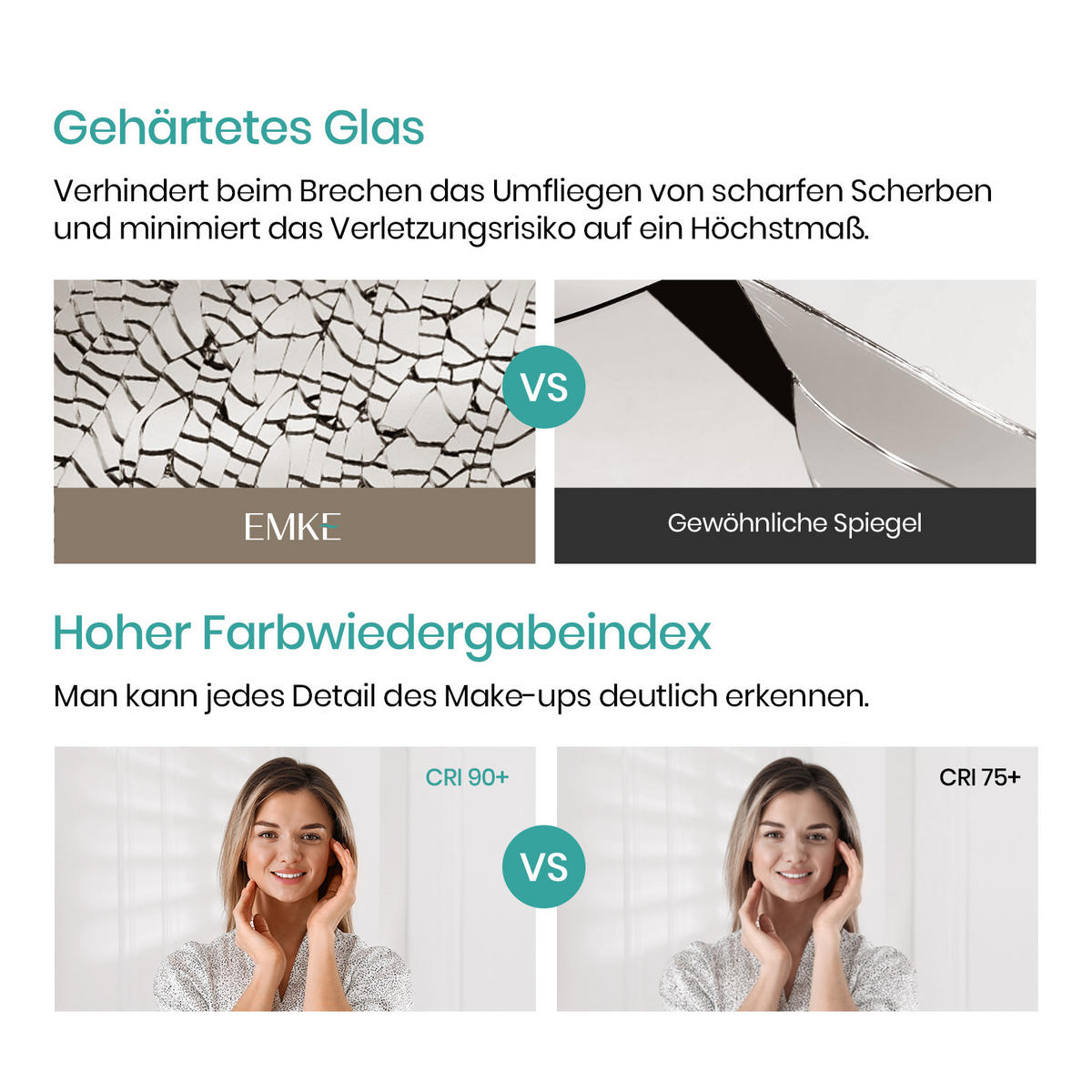 BADSPIEGEL mit Explosionsgeschützte Folie Beleuchtung 120/60/3,5 cm - Weiß, Glas (60/3.5/120cm) - EMKE