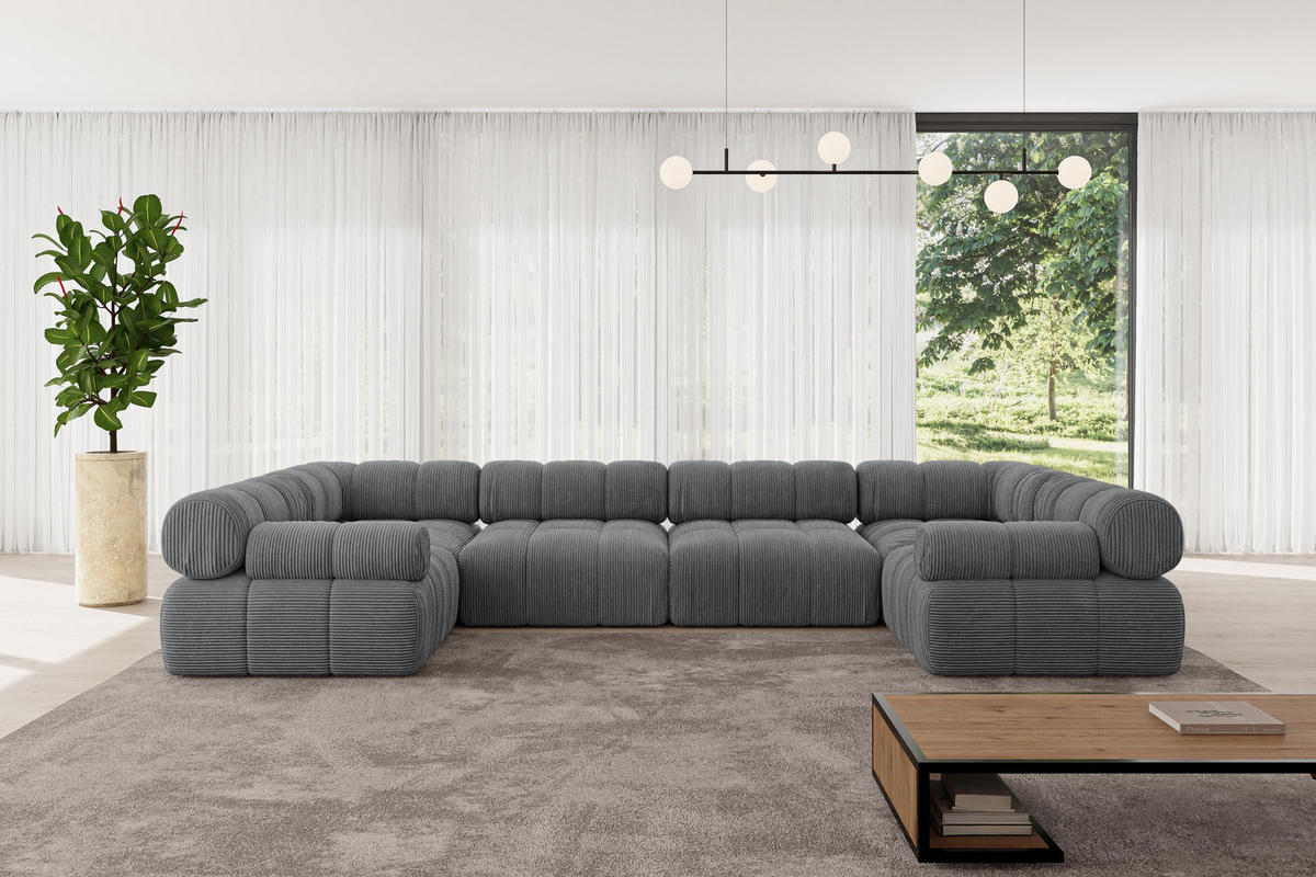 WOHNLANDSCHAFT modulares Sofa Birno-U2 - 380x190x70 cm Dunkelgrau Cord - Dunkelgrau, Holzwerkstoff/Textil (380/70/190cm) - ALTDECOR