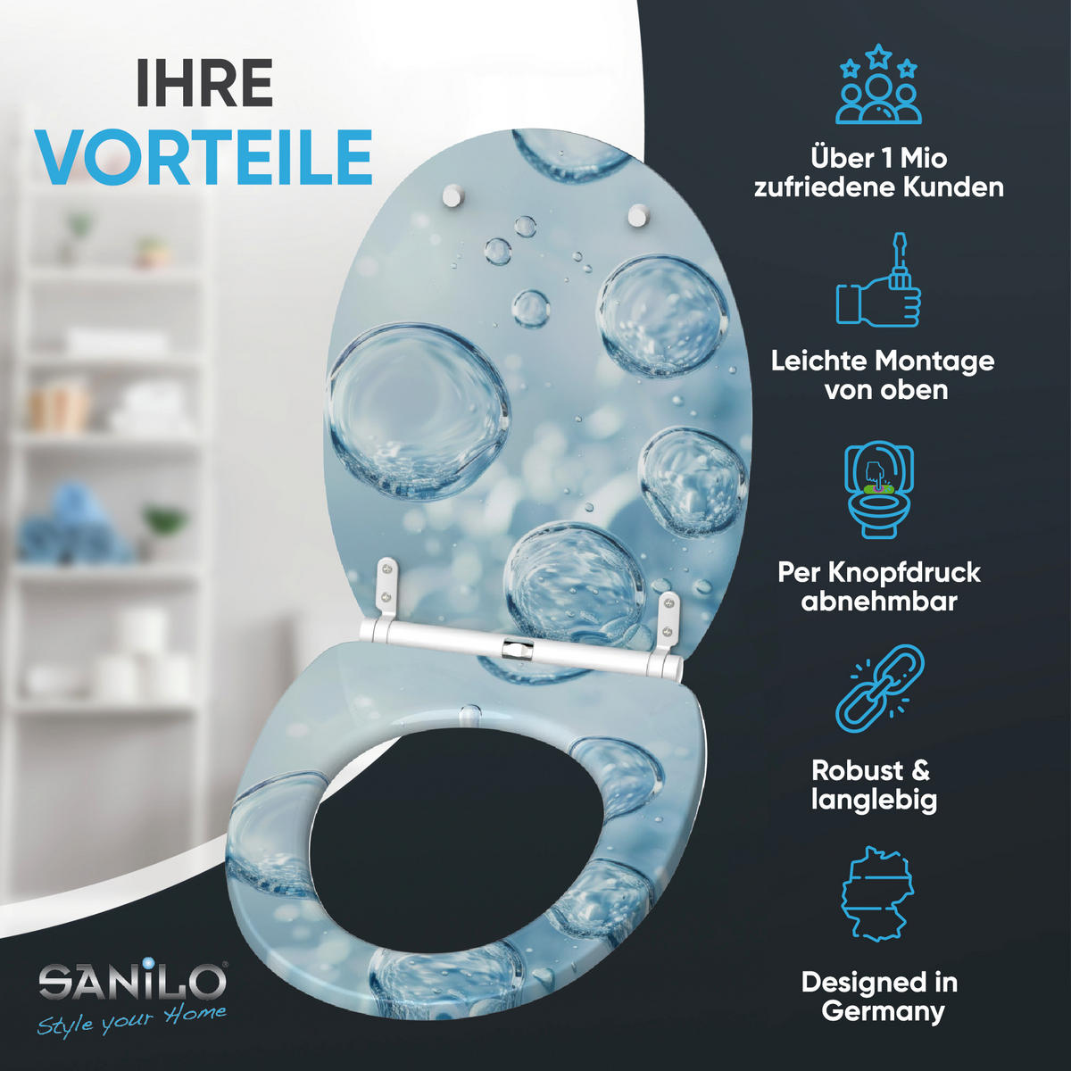 WC-SITZ mit Absenkautomatik & Top Fix Bubbles - Blau, Holzwerkstoff (37.7/5.5/48cm) - Sanilo