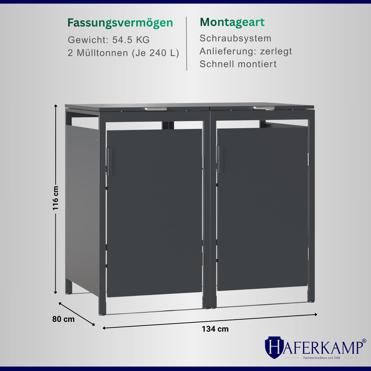 MÜLLTONNENBOX MODUS 2er HxBxT 118,5x136x80cm für 2 x 240 Liter Mülltonnen Verzinkter Stahl - Grau, Metall (136/118.5/80cm)