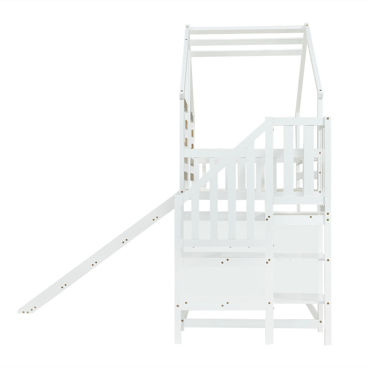 ETAGENBETT 90/200 cm in Weiß & Natur mit Rutsche, Fenster und Treppe Massivholz Blockhaus-Design - Weiß, Holz (90/200cm) - STILVORA