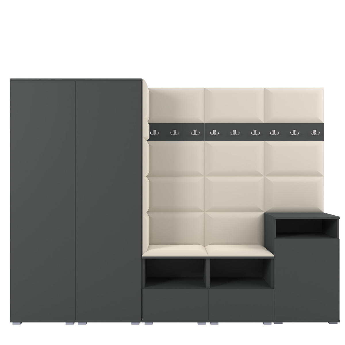 GARDEROBE NELA VIII 250 cm (Modulare Flurmöbel Graphit mit Sitzpolster Creme 01 2 Schränke + Sideboard) - Silberfarben/Creme, Holz/Holzwerkstoff (250/187/40cm) - Ravio