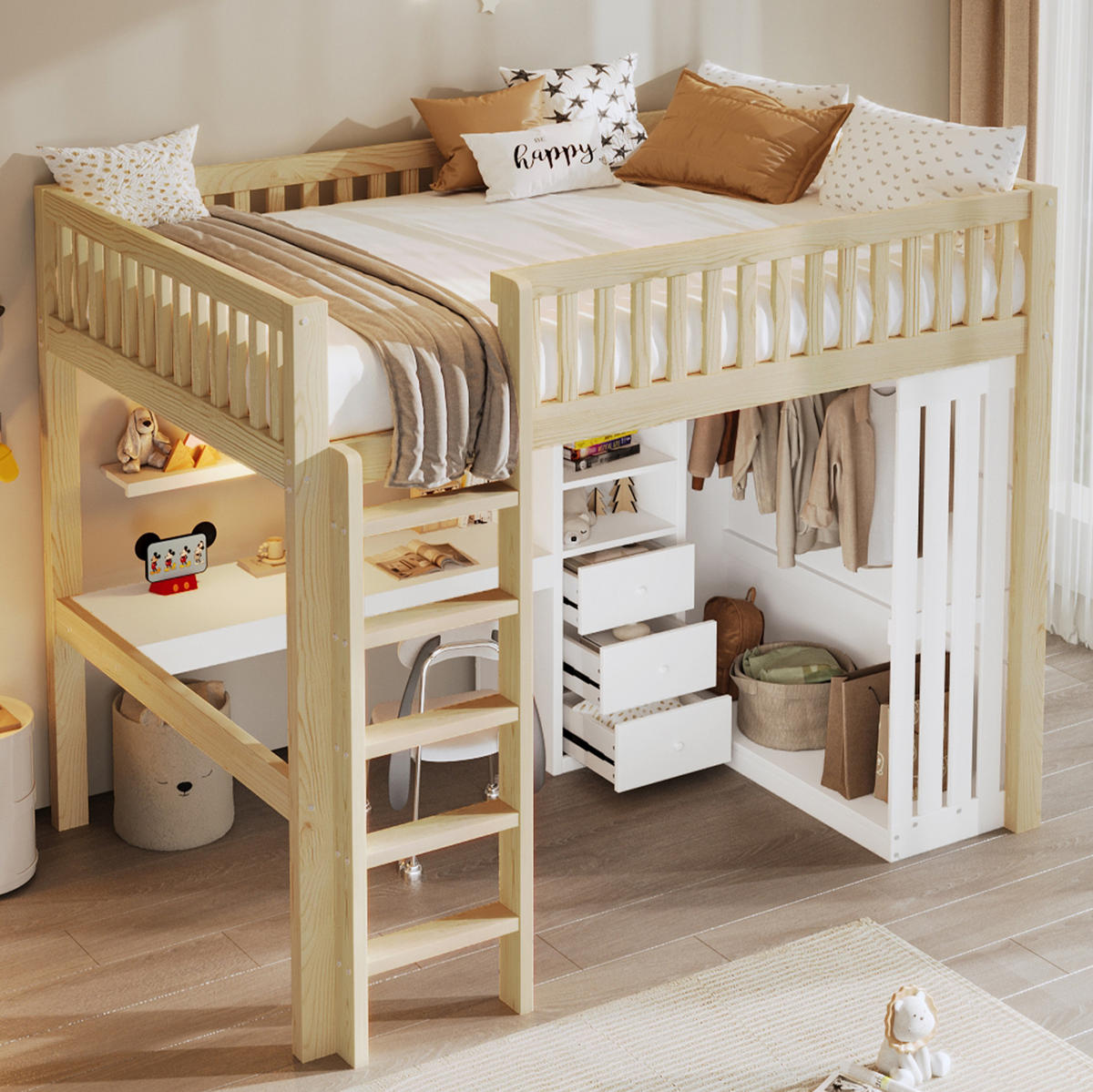 HOCHBETT 140/200 cm Natur aus Kiefernholz und MDF mit Schreibtisch - Naturfarben, Holz (140/200cm) - OKMYHOME