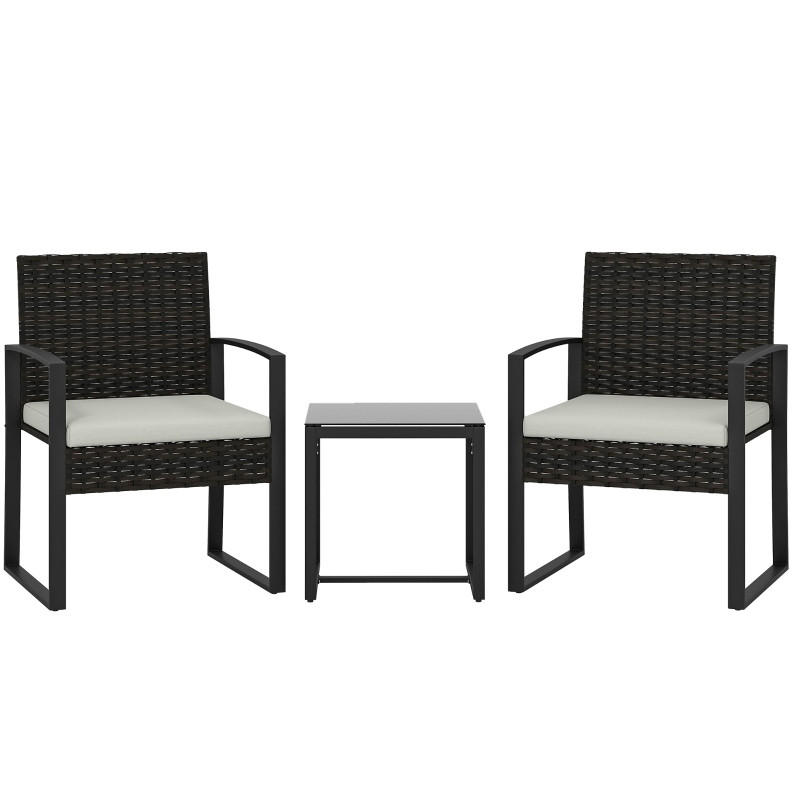 BALKONOVÝ set 55/58/76 a 40/40/40 cm krémově šedý z oceli s polstry a skleněným stolkem - hnědá, kov - OKWISH