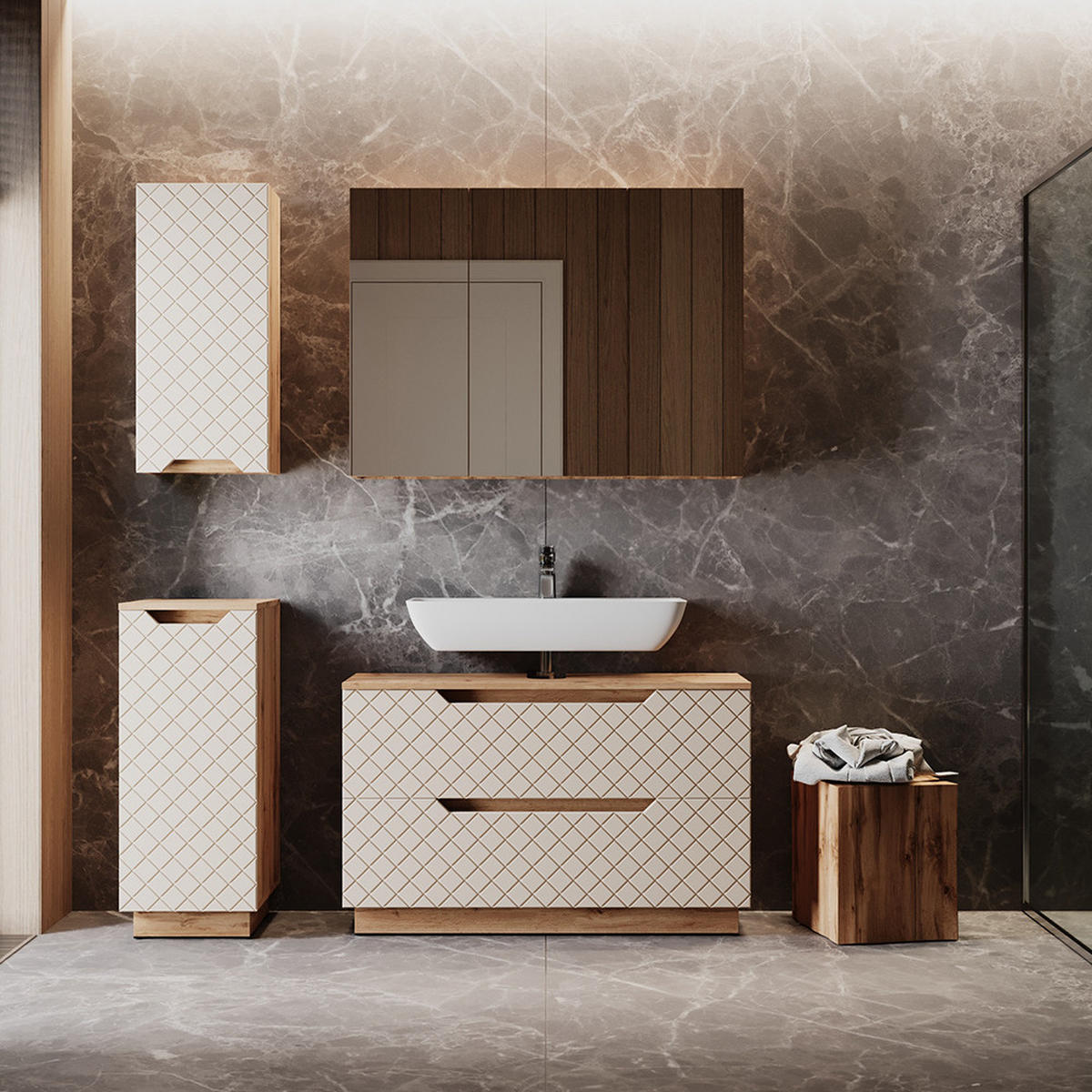 BADMÖBEL-SET Lotta Eiche/Kaschmir mit Kachelstruktur 4 Teile - Kaschmir/Eichefarben, Holzwerkstoff (99.4/62.5/32cm) - Vicco