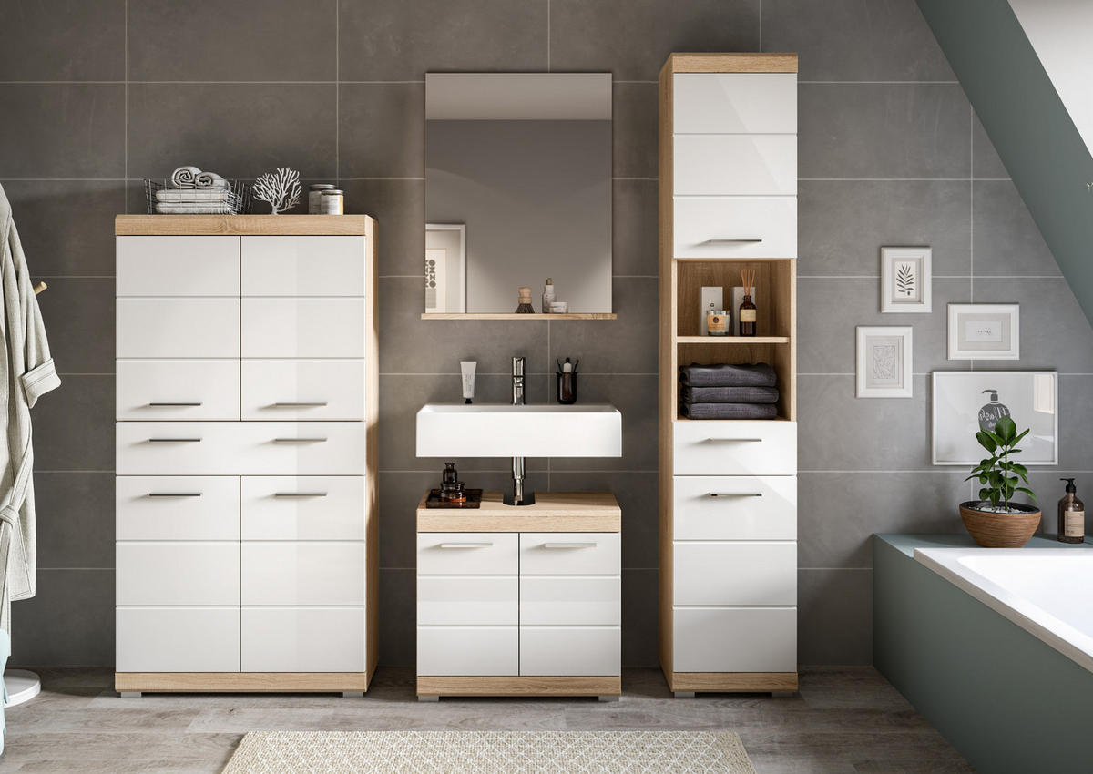 BADMÖBEL-SET weiß Hochglanz, Eiche 4-teilig 186 cm, viel Stauraum - Weiß Hochglanz/Eichefarben, Holzwerkstoff (186/191/34cm) - Inn.Furn