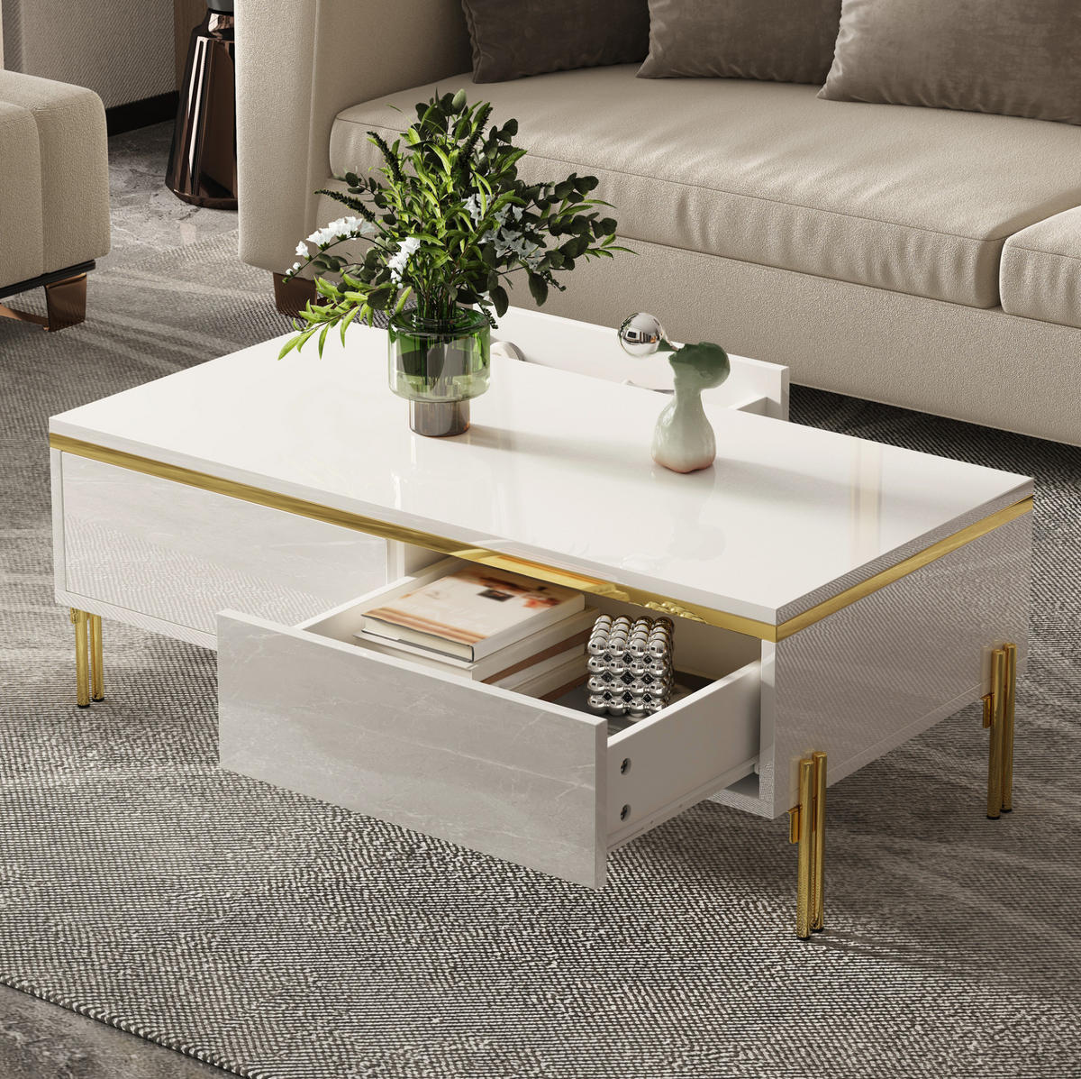 COUCHTISCH mit 2 Schubladen 100 x 50 cm Weiß Hochglanz - Weiß, Holzwerkstoff (100/50/36cm) - Meubliv