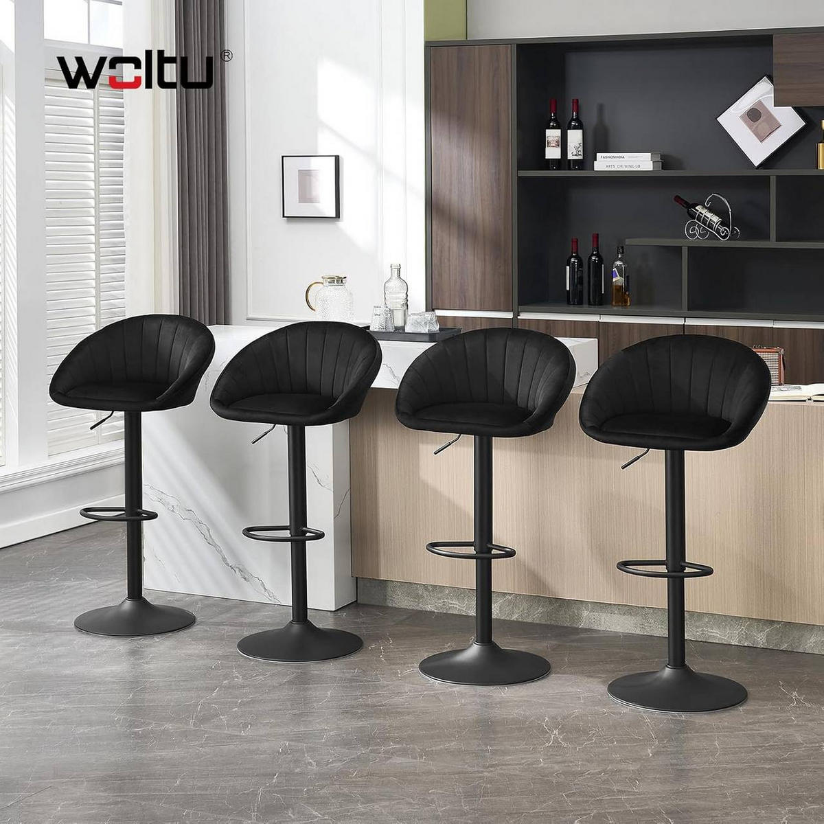 BARHOCKER 4er Set mit Rückenlehne, Samt, Schwarz - Schwarz, Textil/Metall (53/83/45cm) - Woltu
