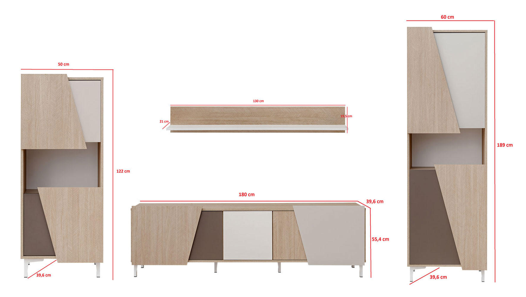 WOHNZIMMER SET Viste braun / weiß hochglanz 290cm / 40 cm / 189cm - Ecru/Weiß Hochglanz, Holz/Holzwerkstoff (290/189/40cm) - Furnival