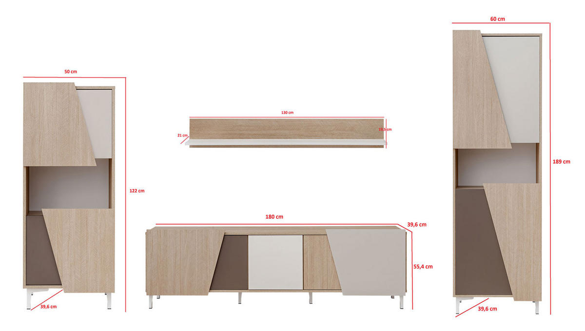 WOHNZIMMER SET Viste braun / weiß hochglanz 290cm / 40 cm / 189cm - Ecru/Weiß Hochglanz, Holz/Holzwerkstoff (290/189/40cm) - Furnival